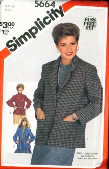 Vintage 80s Simplicity 5664 Misses Unlined Jackets UNCUT Size 14 (36-28-38)