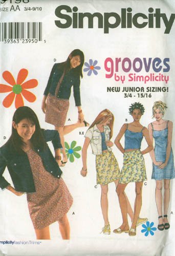Simplicity Grooves 9196 Jr Girls DRESS, CAMISOLE TOP, MINI SKIRT, JACKET Size 3/4 to 9/10 UNCUT