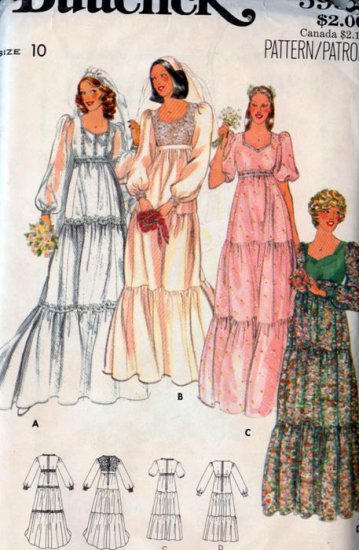Vintage 70s Butterick 5938 EMPIRE Tiered and Riffled Bridal Gown or Prom Dress Size 10 UNCUT