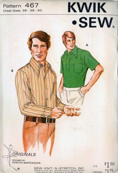Vintage 70s Kwik Sew 467 Mens Casual Shirt Pattern Chest 36-40 UNCUT