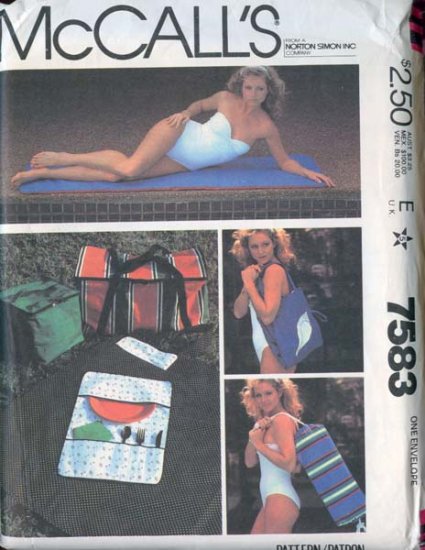 Vintage 80s mcCalls 7583 Picnic Package pattern Beach Mat, Exercise mat, Picnic Bags UNCUT