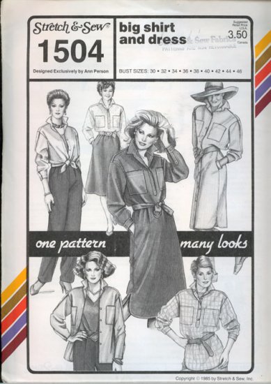 Vintage 80s Stretch & Sew 1504 Big Shirt and Dress UNCUT Bust Size 30-46