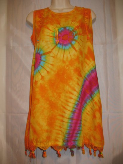 Yellow-Orange Batik Hand Dye-Rayon Beaded Dress fits to S/M