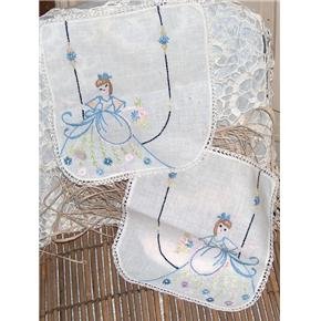 2 dressing table scarves - hand embroidered Victorian Lady