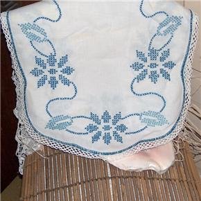 36 inch Blue Flowers hand embroidered dresser scarf-doily