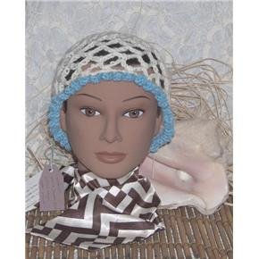 Hand Crocheted hat - white with baby blue metallic trim