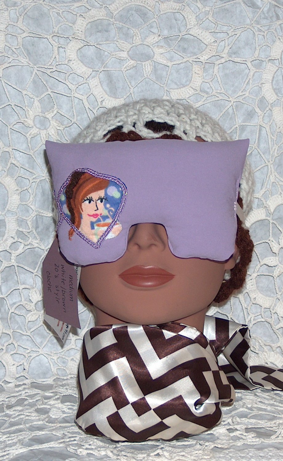 Lavender eye mask-pillow with brunette -purple ribbon border