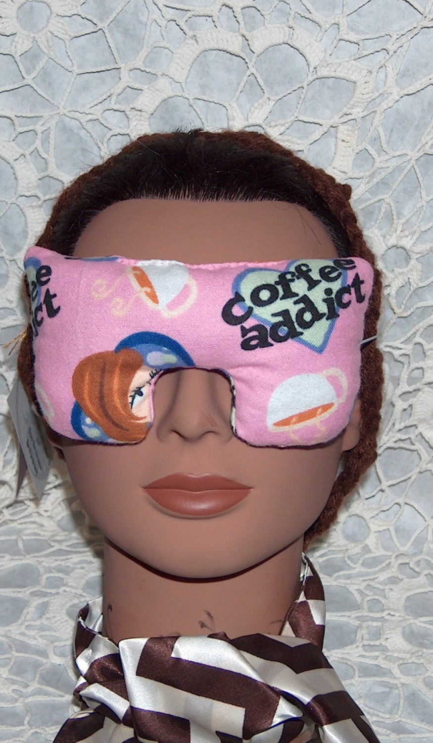 Coffee Addict reversible pink eye mask-pillow -elastic cord