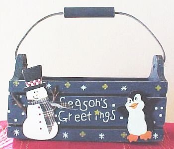 COUNTRY STYLE WOODEN CHRISTMAS BASKET BOX CONTAINER PENGUIN DESIGN