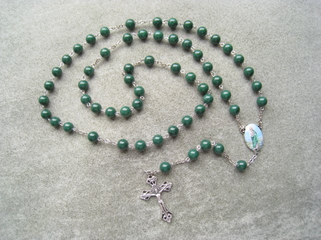 Green Mountain Jade Saint Jude Rosary Silver Crucifix 8mm Beads