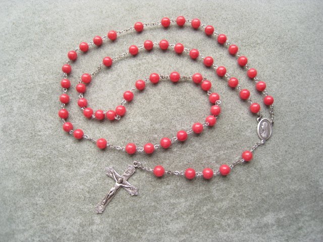 Coral Mountain Jade Miraculous Rosary Silver Crucifix 8mm Beads
