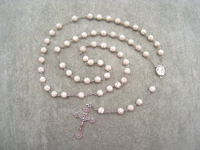 Howlite Gemstone Rosary Silver Crucifix Soil Filled Center 8mm Beads