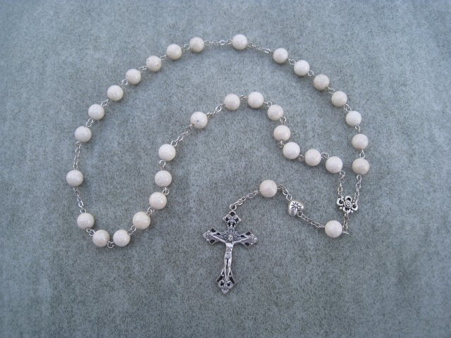 Natural Fossil Gemstone Anglican Rosary Silver Crucifix 8mm Beads