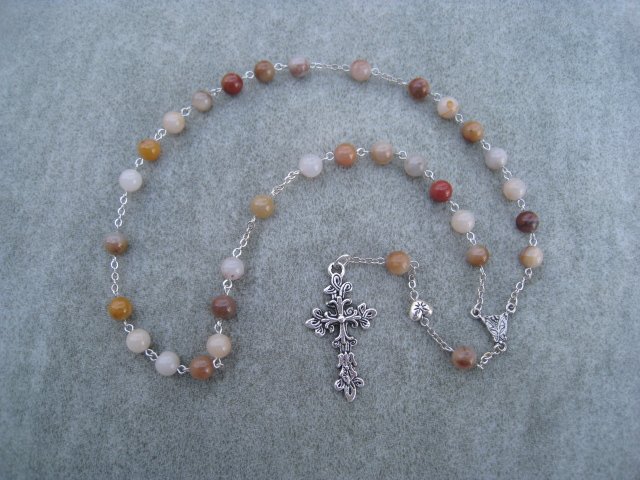 Colonial Jasper Gemstone Anglican Rosary Silver Cross 8mm Beads