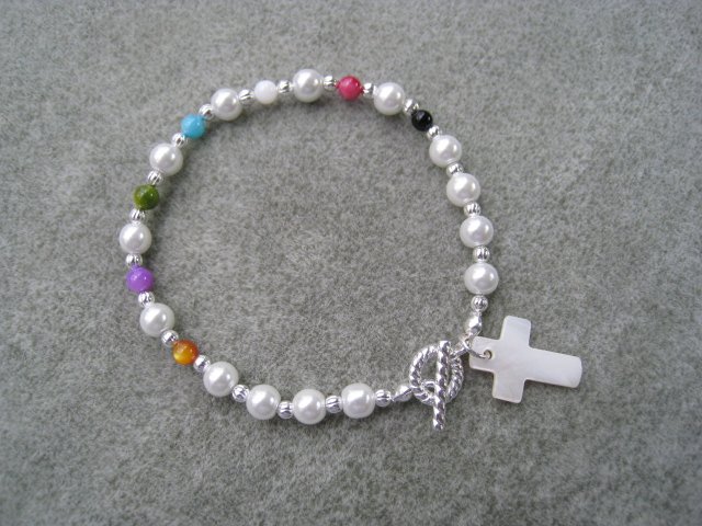 Christian Salvation Bracelet Czech Pearl Bead Mother of Pearl Cross #6