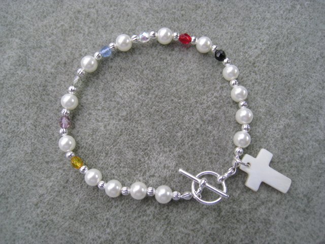 Christian Faith Salvation Bracelet Pearl Glass Crystals MOP Cross #3