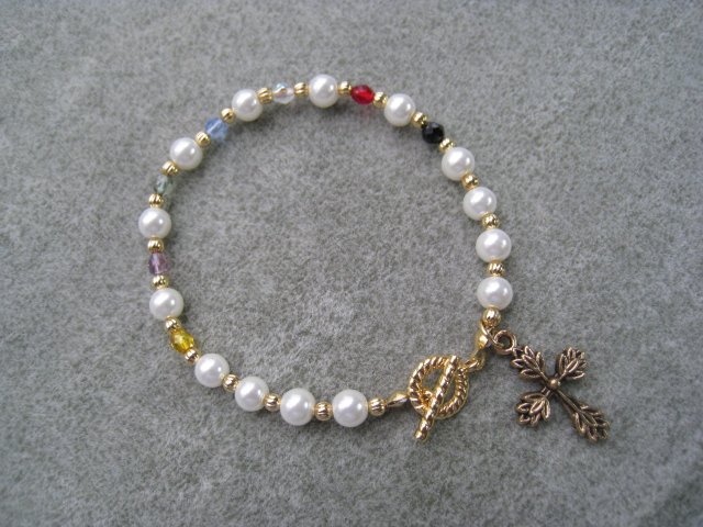 Christian Faith Salvation Bracelet Czech Glass Pearls Crystals Gold-toned Cross #8