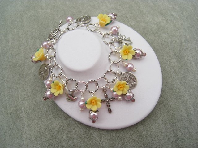Saints Medals Bracelet Lavender Glass Pearls Silver Cross Angel Heart Charms Yellow Clay Roses