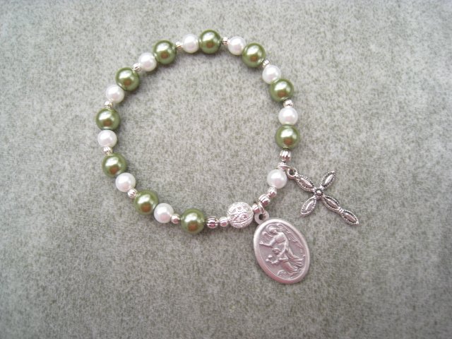 Czech Green & White Pearl Glass Rosary Bracelet with Guardian Angel Holy Family Medal