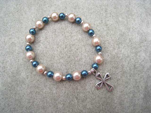 Czech Almond & Teal Czech Pearl Glass Bracelet with Silver Cross