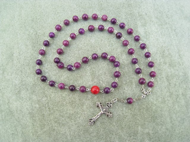 Plum Fossil Gemstone Orthodox Chotki Prayer Beads Silver Crucifix 50 beads