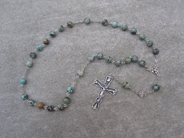 Turquoise Gemstone Anglican Rosary Silver Crucifix 8mm Beads