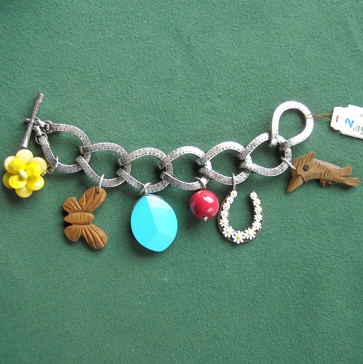 Lucky Brand Silver Tone Bird Butterfly Semi Precious Stone Charm Bracelet