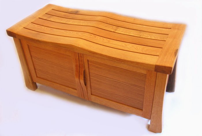 Golden Gate, solid white oak cabinet, large bench recycled wine fermentation barrels