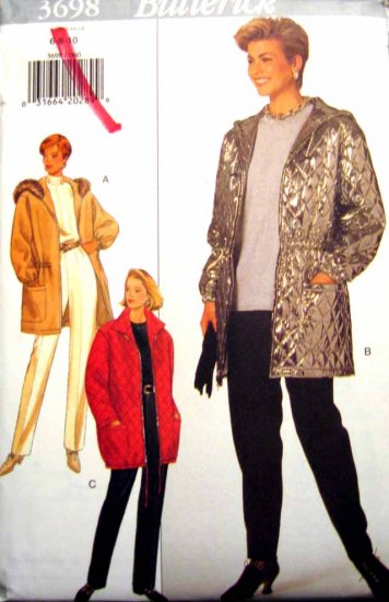 B3698 New Sewing Pattern Misses' Hooded Coat or Jacket with Waist Channel Elastic Cuff Size 6 8 10