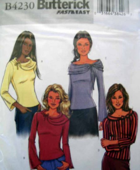 B4230 New Sewing Pattern Miss or Juniors' Knit Bell Sleeve Tops Draped Collar Variations size XS S M