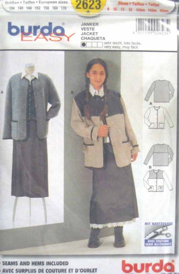 Burda 2623 New Sewing Pattern Child Girl Kid Yoked Cardigan Jacket Size 9 10 11 12 13 14 15