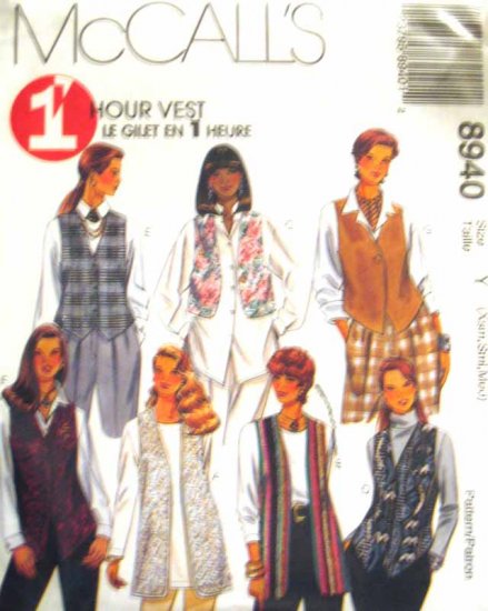 M8940 New Sewing Pattern Misses' One Hour Fast Easy Vest Variations Lengths Hems Size XS S M