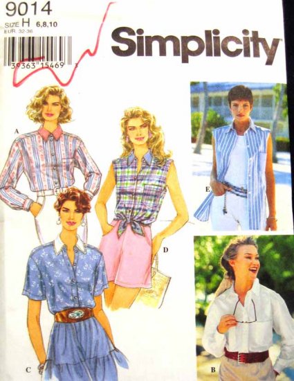S9014 New Sewing Pattern Misses' Shirt Top Classic Sleeves Long, Short, or Sleeveless Size 6 8 10