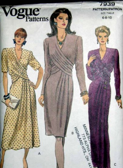 V7939 New Sewing Pattern Misses Wrap Front Dress Gown Elegant Sophisticated Vogue Size 6 8 10