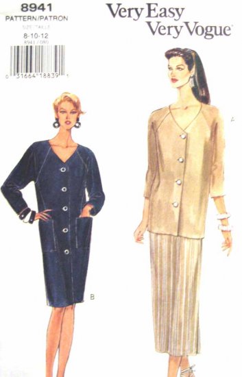 V8941 New Sewing Pattern Misses Vogue Dress Top Cardigan Dress Skirt Raglan Size 8 10 12