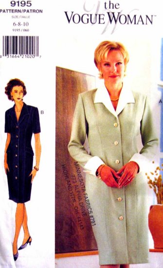 V9195 New Sewing Pattern Misses Vogue Coat Dress Contrast Collar & Cuffs Size 6 8 10