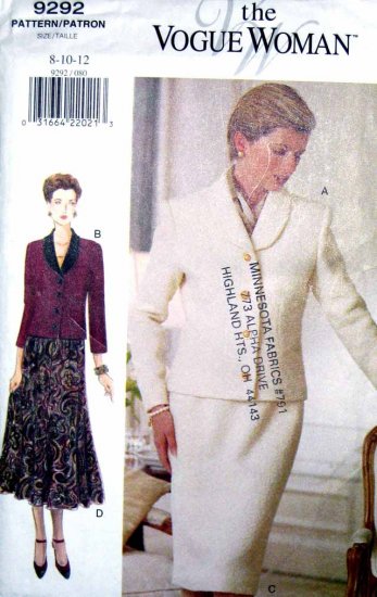 V9292 New Sewing Pattern Misses Vogue Suit Fitted Jacket Skirt Vary Size 8 10 12