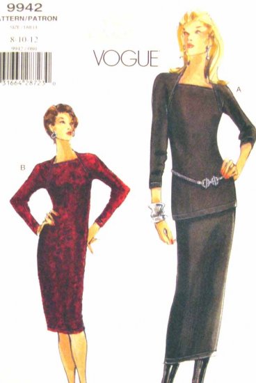 V9942 New Sewing Pattern Misses' Vogue Dress Tunic Skirt Raglan Size 8 10 12