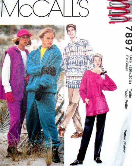 M7897 Sewing Pattern Misses' Men's Teen Unisex Jacket Pants Tunic Sweater Fleece Knit Size XS S