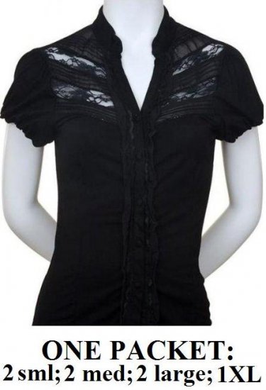 $6.25 PER PIECE; 7 tops in a PACKET; Lace and Ruffle Top (BLACK)- 2s,2m,2L,1XL