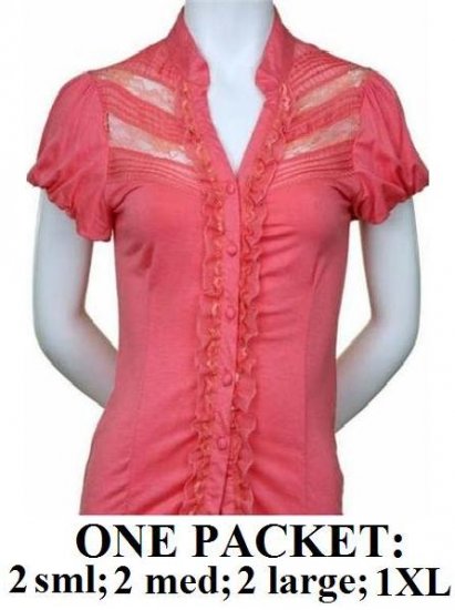 $6.25 PER PIECE; 7 tops in a PACKET; Lace and Ruffle Top (SALMON PINK)- 2s,2m,2L,1XL
