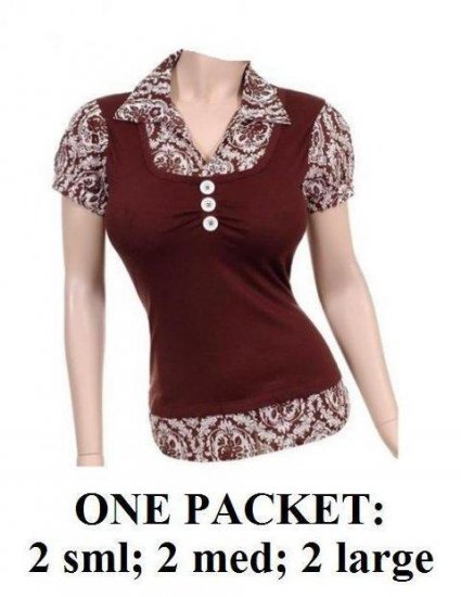 $6.25 PER PIECE; 6 tops in a PACKET; Brown Pattern Collar Top - 2s,2m,2L
