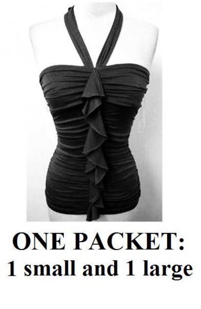 $6.25 PER PIECE; 2 tops in a PACKET; Ruffle Halter Top* BLACK color- 1 S and 1 L