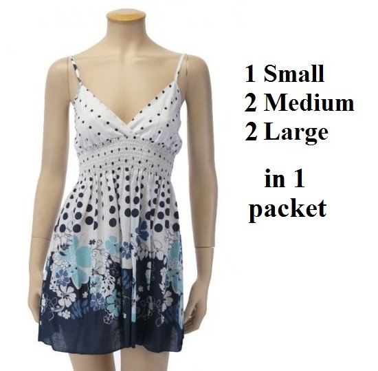 $6.00 PER PIECE, 5 dresses in a PACKET, Babydoll BLUE Flower Dress, ONE packet has 2s,2m,2L