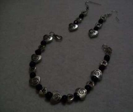 Silver and Black Bracelet Earring Set
