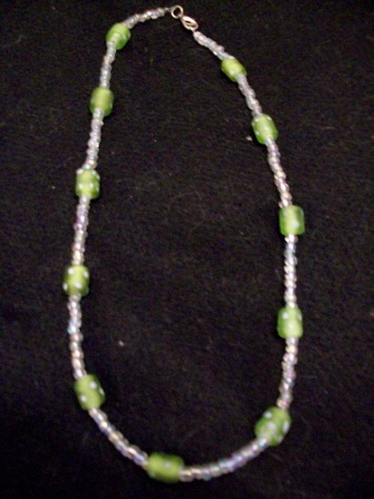 Green/White Polka Dot and Clear Glass Necklace