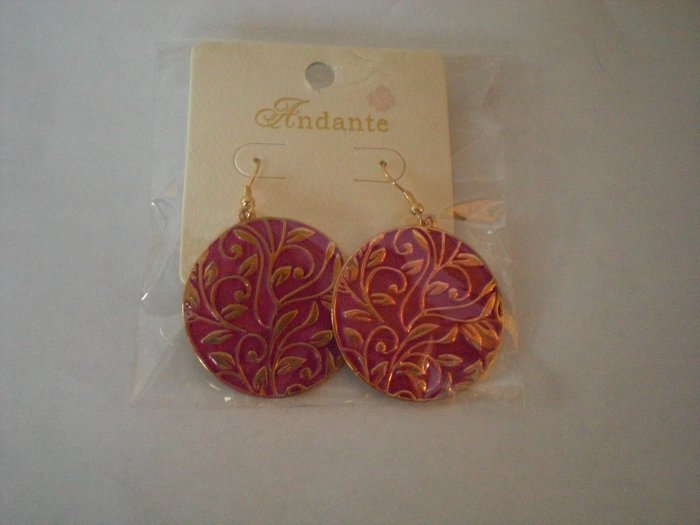 Bright Pink Dangling Earrings with a Gorgeous Gold Floral Pattern