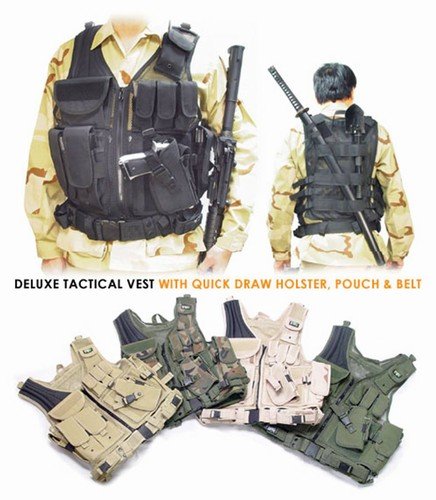 Deluxe Tactical Vest With Quick Draw Holster, Pouch And Belt (olive Drab)