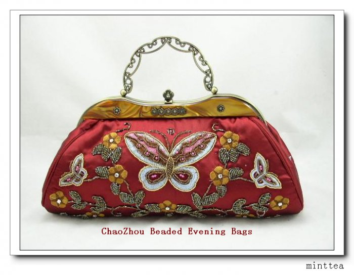 Red Satin Beaded Butterfly Handbag or Shoulder Carry