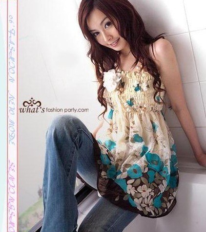 Korea Girl Lovely Floral Chiffon Tube Dress - Blue and Red F1-H826-BU #0103